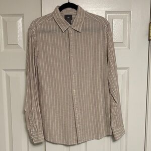 H&M Men's Linen Casual Beige and White Striped Shirt Medium